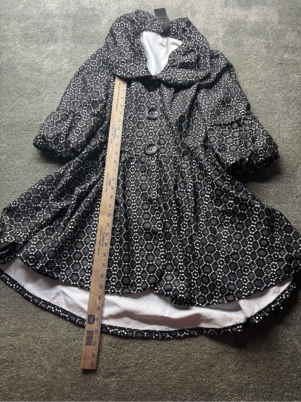 Black Patterned Fit-and-Flare Coat with Button Front